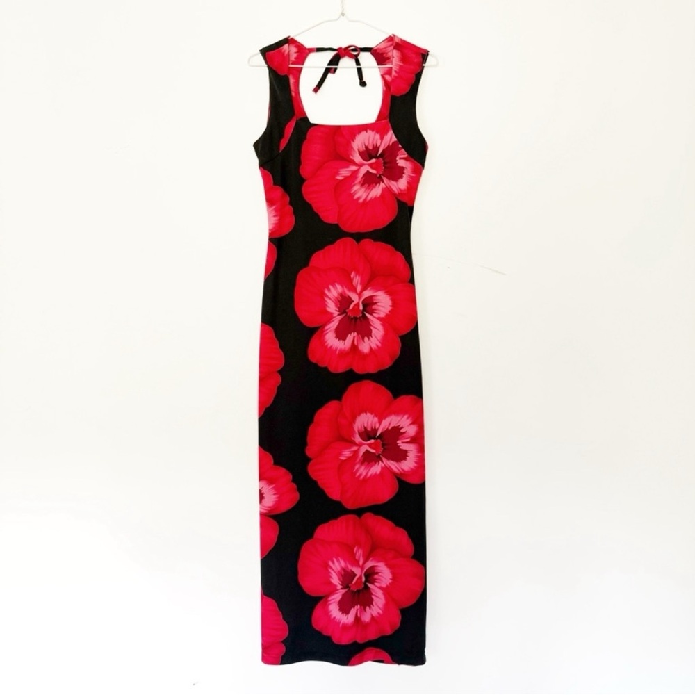 VTG 90s Y2K Younique Woman Black Red Floral Tie-Back Maxi Dress SMALL Romantic